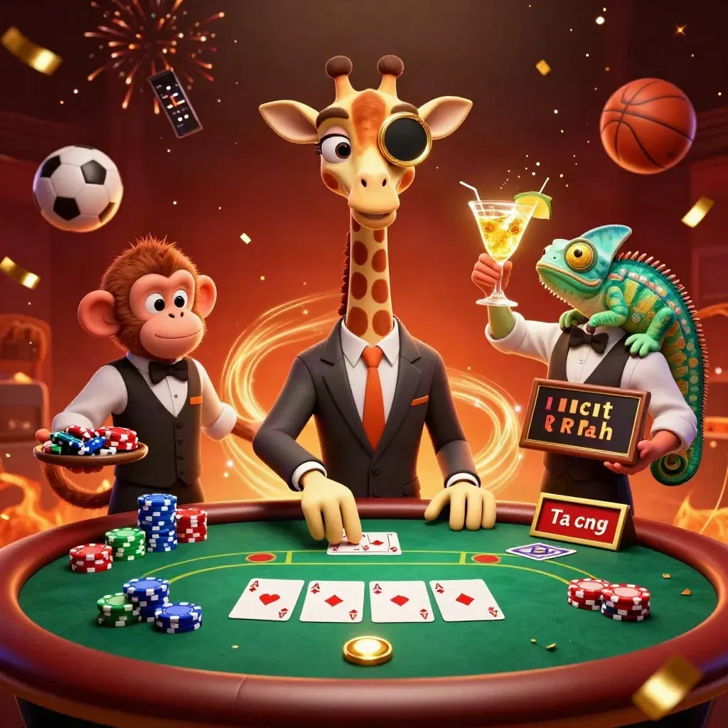 Giraffe, monkey, and chameleon at a poker table with chips, cards, and sports balls in casino glow.