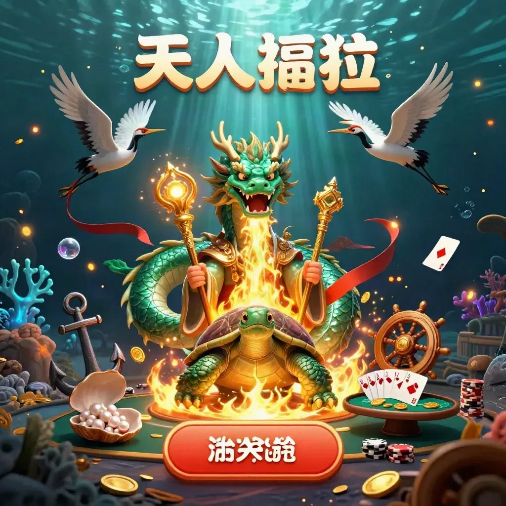 Emerald dragon, turtle sage, and cranes in a glowing underwater treasure cove