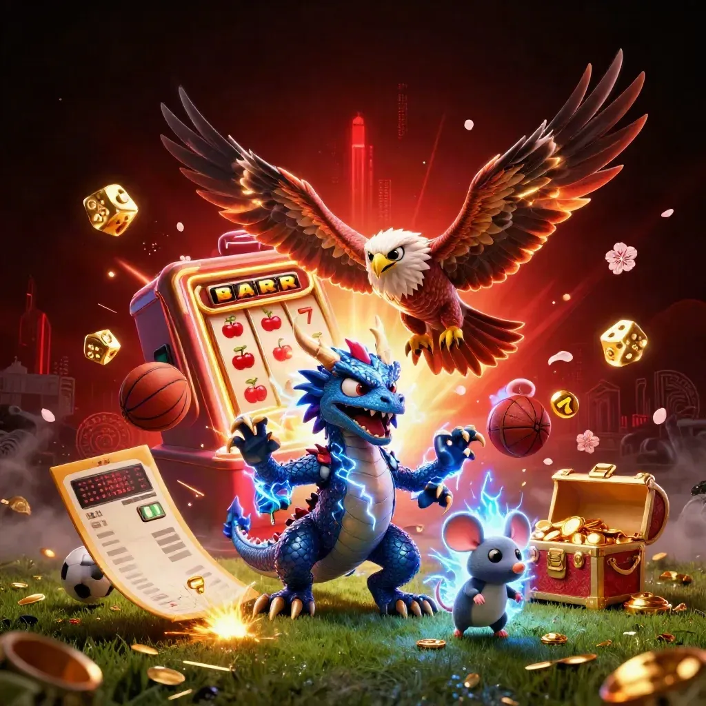 Thunder dragon, wind hawk, and lightning mouse amid casino bursts and flying sports balls