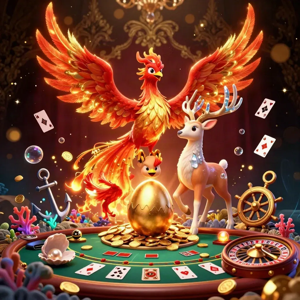 Phoenix trio in a luxe casino treasure cove with coins, cards, damask, and chandelier glow