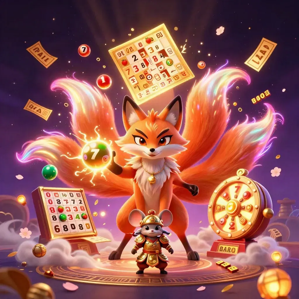 Nine-tailed fox spirit and armored mouse amid jackpot cards, balls, and glowing casino magic.