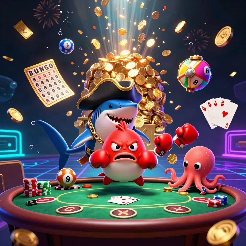 Pirate shark, pufferfish, and octopus amid coins, fireworks, poker and prize-game effects