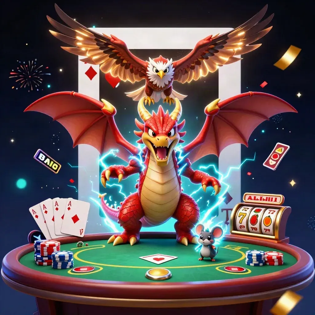 Thunder dragon, wind hawk, and static mouse amid poker chips, cards, reels, and casino light effects.