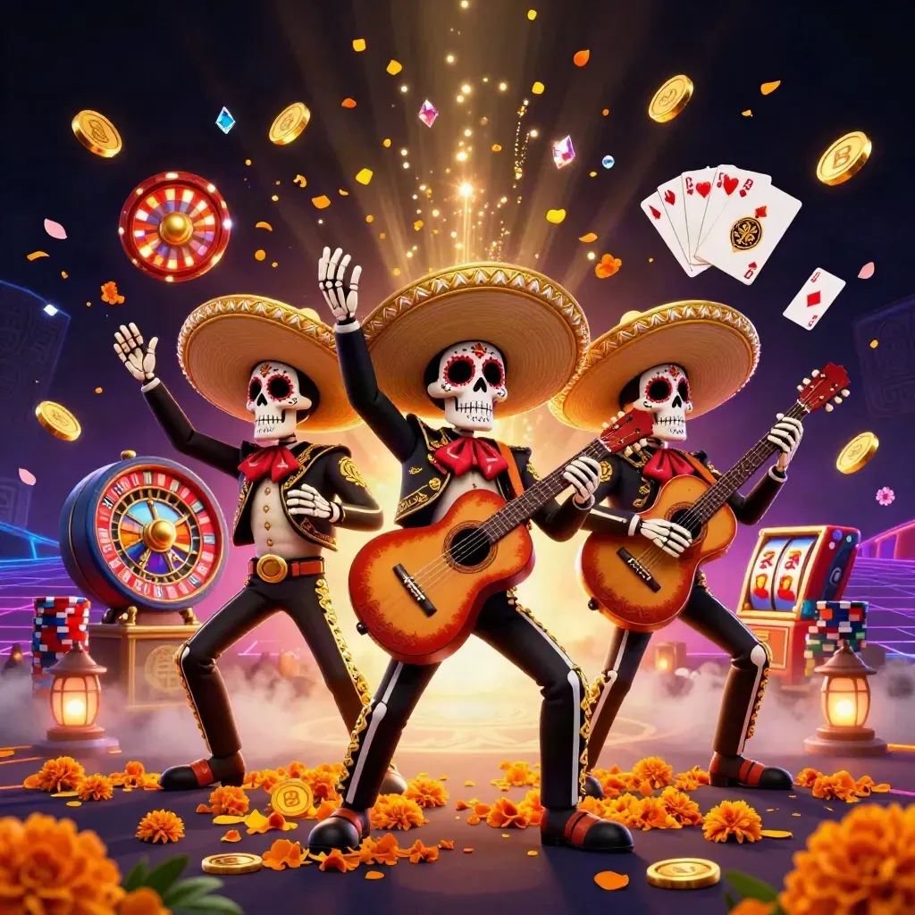 Day-of-the-Dead mariachi skeleton trio amid poker chips, coins, roulette, and neon casino effects