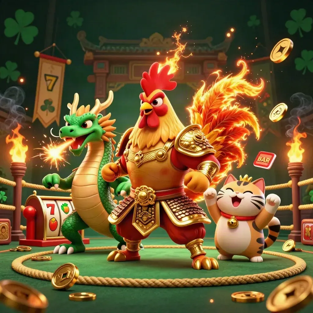 Rooster samurai, dragon hatchling, and cheering fortune-cat amid casino sparks and temple gates.
